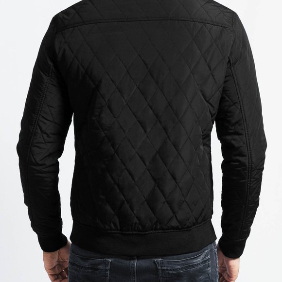 OLGYN Men Quilted Black Bomber Faux Leather Jacket - Picture 2 of 4